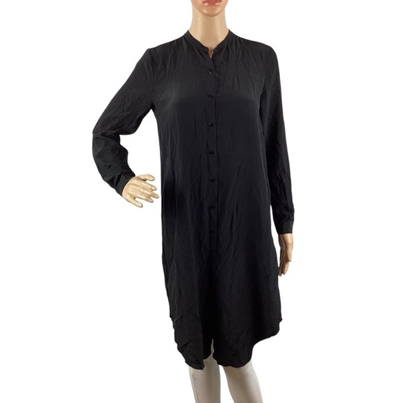 Eileen Fisher Silk Georgette Crepe Button Front Tunic Black Long Sleeve XS - Picture 1 of 7